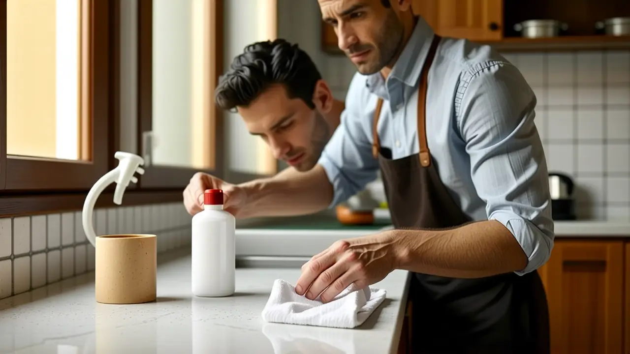 Quitar manchas de pegamento: guía fácil 4 Un hombre limpia manchas con cuidado