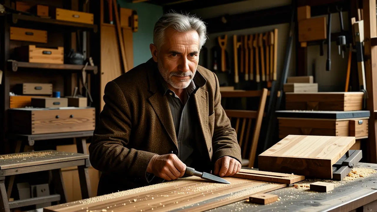 Un artesano contempla madera con luz cálida