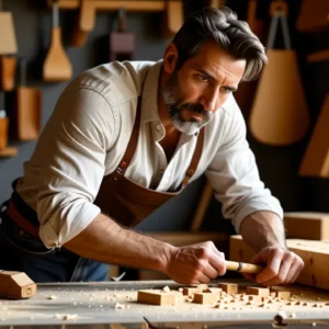 Un hombre preocupado trabaja en madera