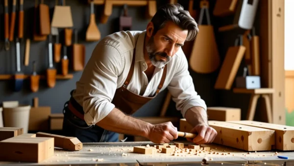 Un hombre preocupado trabaja en madera