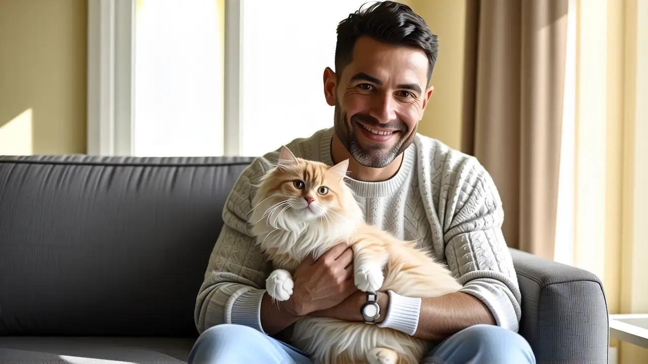 Quitar Pelo Gato: Guía Rápida y Efectiva 4 Un hombre español sonriente sostiene un gato en casa