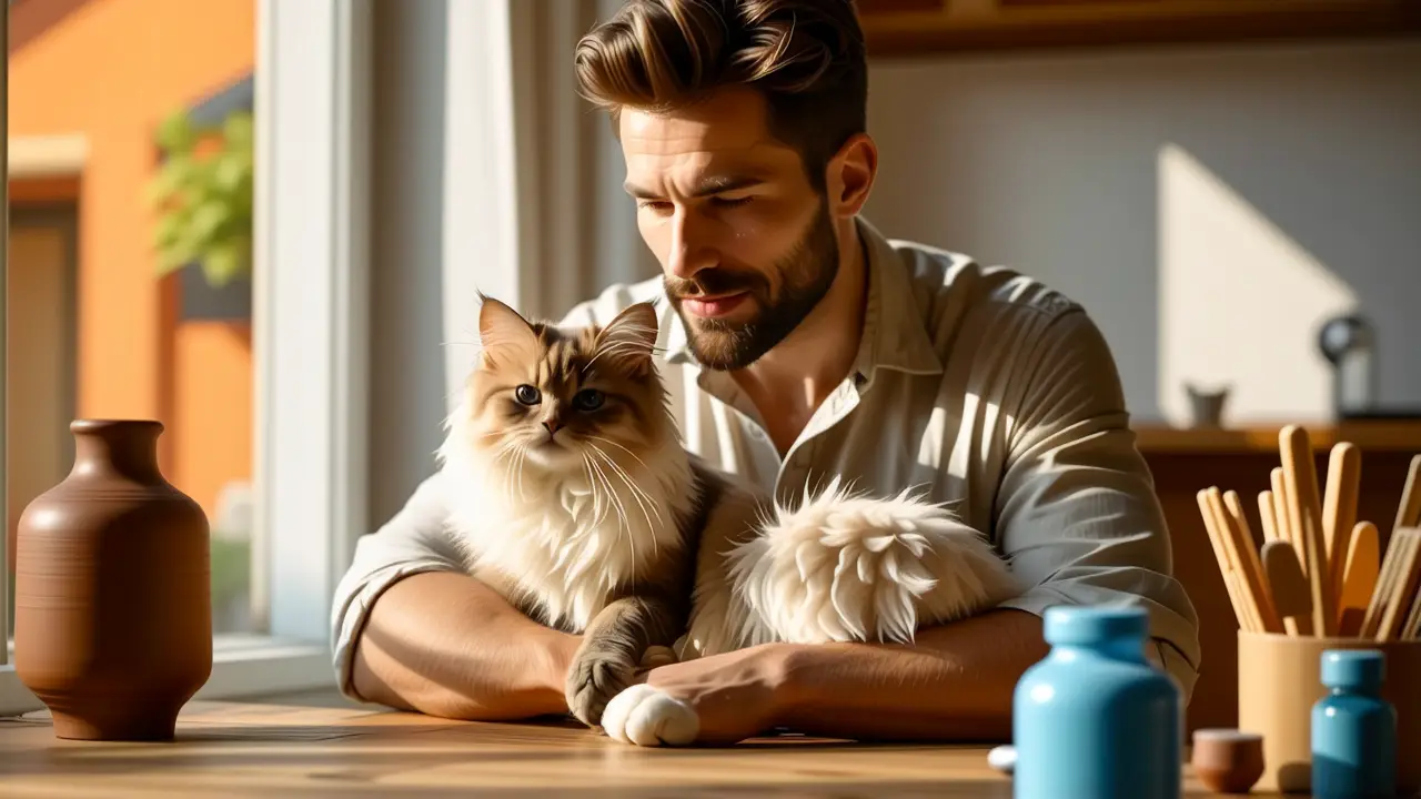 Quitar Pelo Gato: Guía Rápida y Efectiva 3 Un hombre relajado cepilla un gato en casa