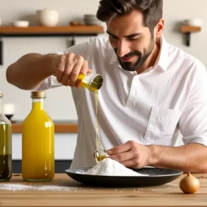 Un hombre contempla vinagre y bicarbonato
