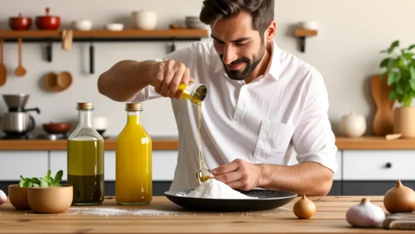 Un hombre contempla vinagre y bicarbonato