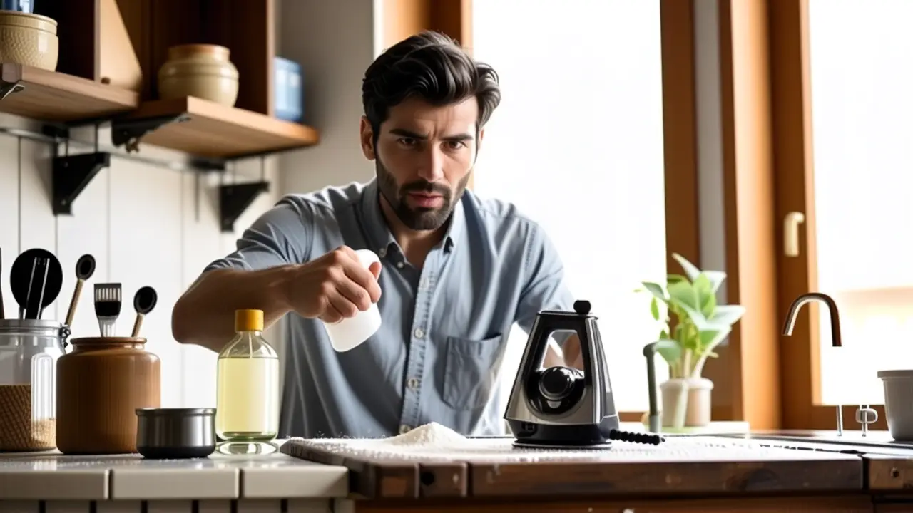 Un hombre limpia con cuidado una plancha dañada