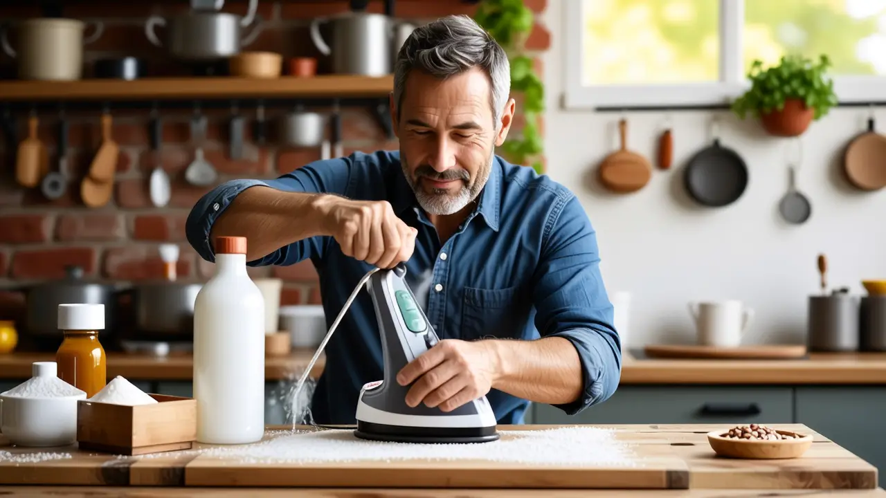 Un hombre amable limpia una plancha con cuidado