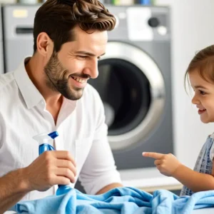 Como quitar rotulador permanente de la ropa 11 Hombre preocupado ayuda a niña en lavandería