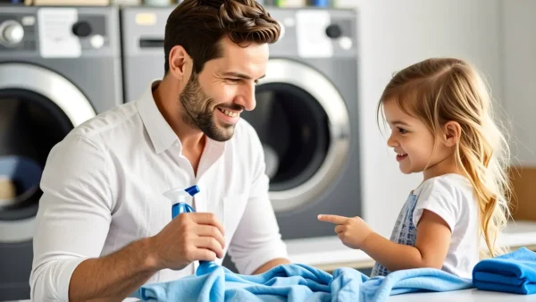 Hombre preocupado ayuda a niña en lavandería