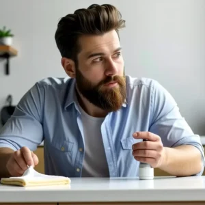 Un hombre pensativo limpia con precisión