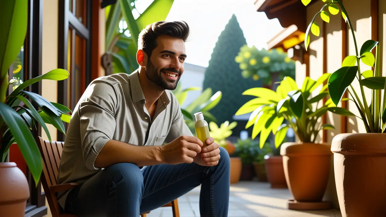 Un hombre caucasiano sonríe en patio soleado