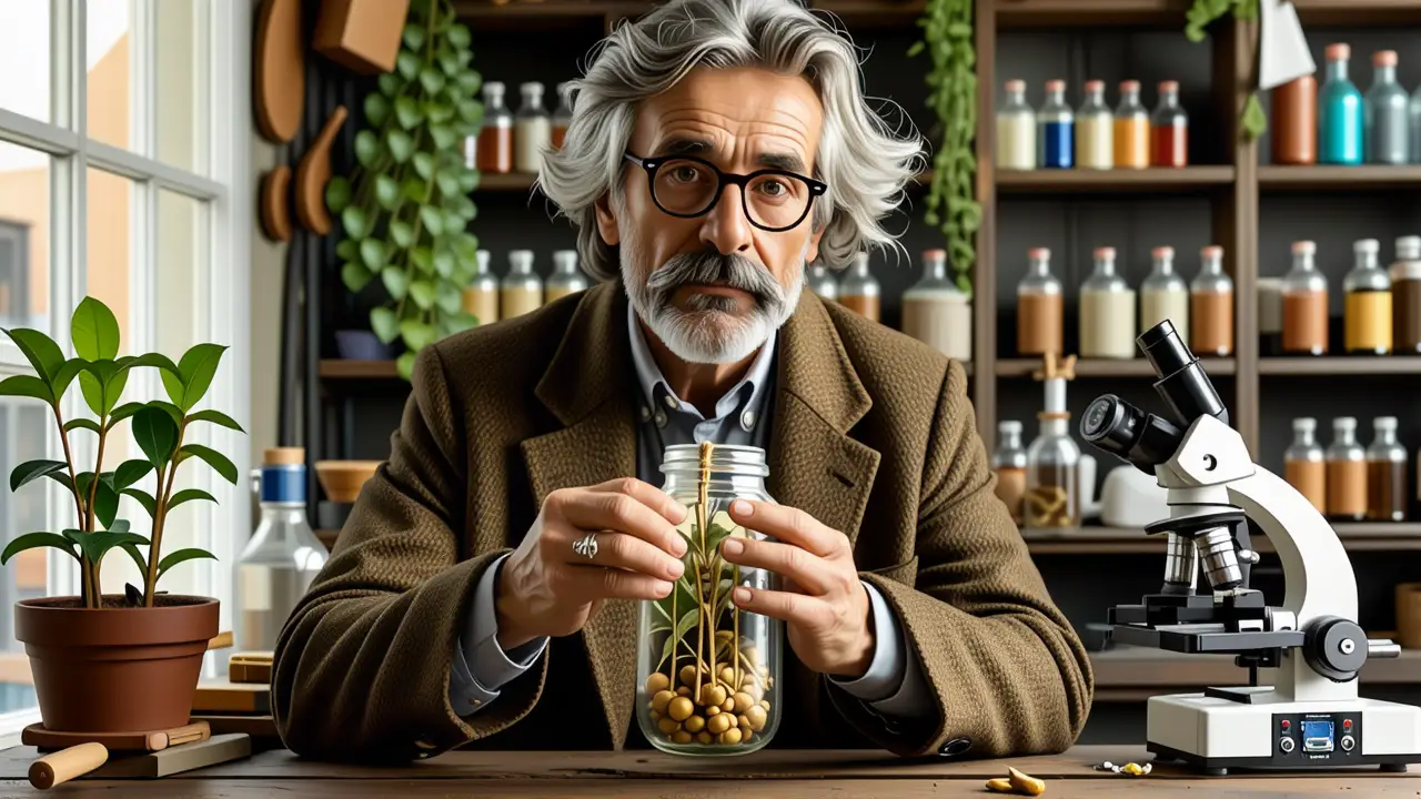 Un científico contempla polillas en laboratorio vintage