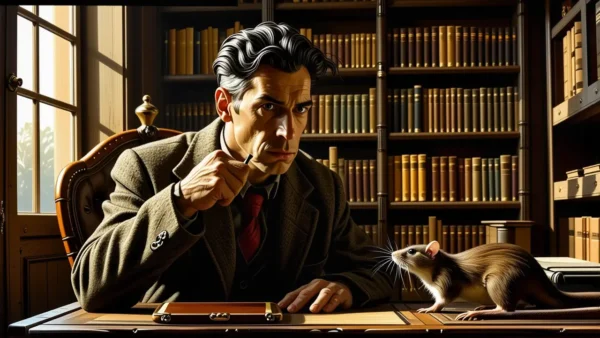 Un hombre español examina un roedor en estudio