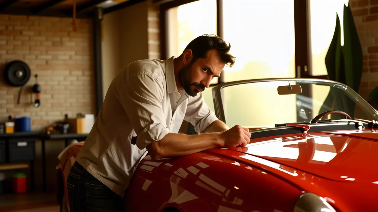 Un hombre pensativo limpia un coche clásico