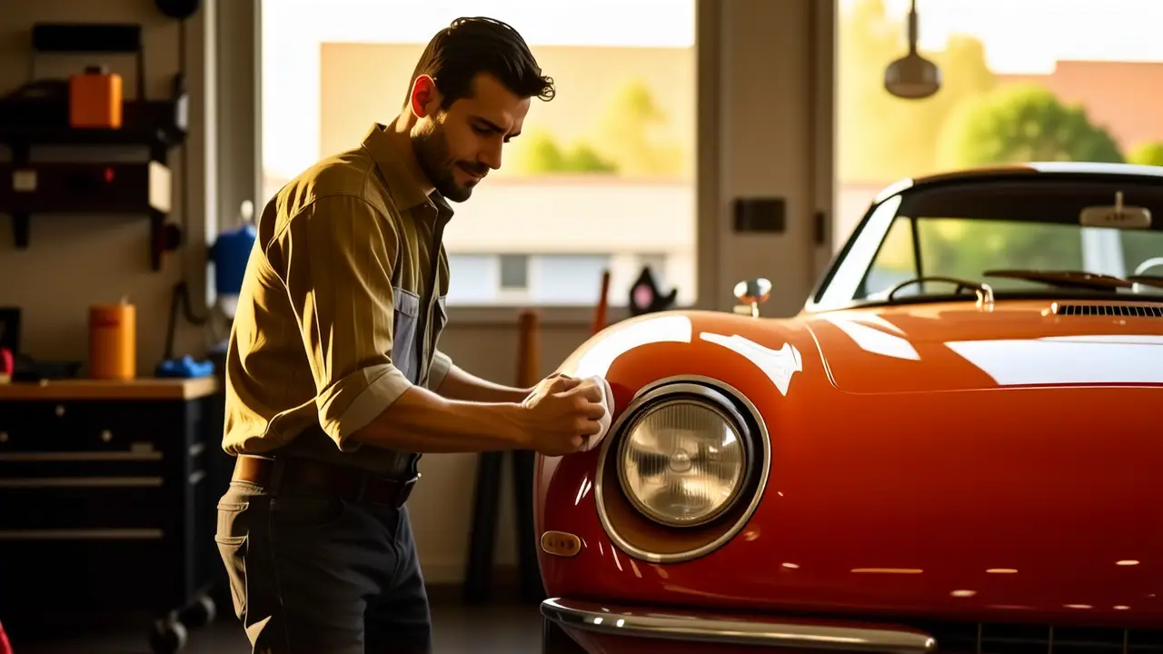 Un hombre español limpia un coche clásico