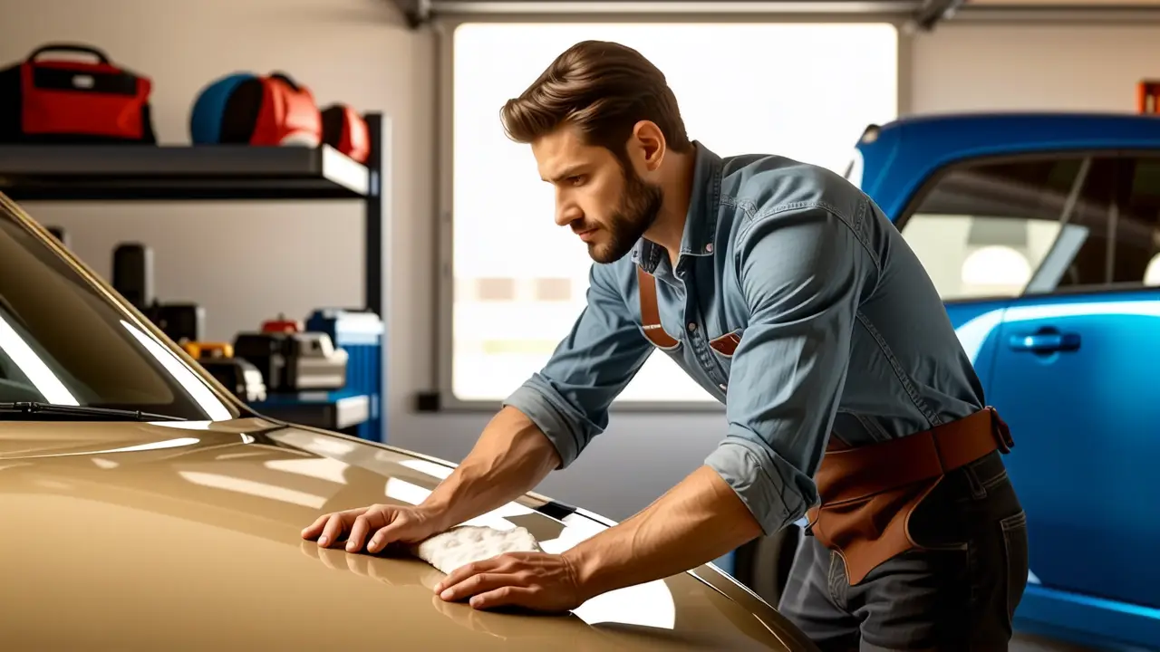 Un hombre satisfecho limpia un coche brillante
