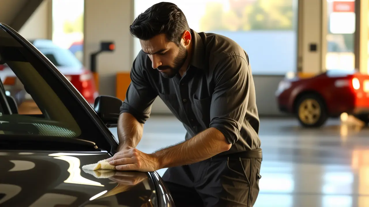 Un hombre puliendo coche en ambiente cálido