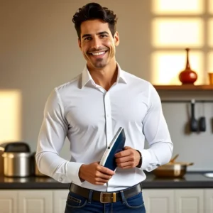 Un hombre moderno irradia eficiencia en cocina