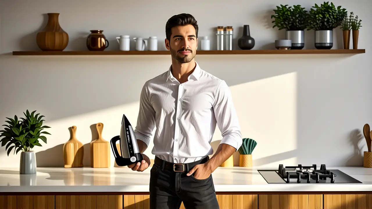 Rayen Limpia Planchas: Limpieza Rápida y Eficaz 3 Un hombre pensativo usa un limpiador brillante en una cocina cálida