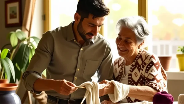 Un hombre pensativo observa un tejido en casa