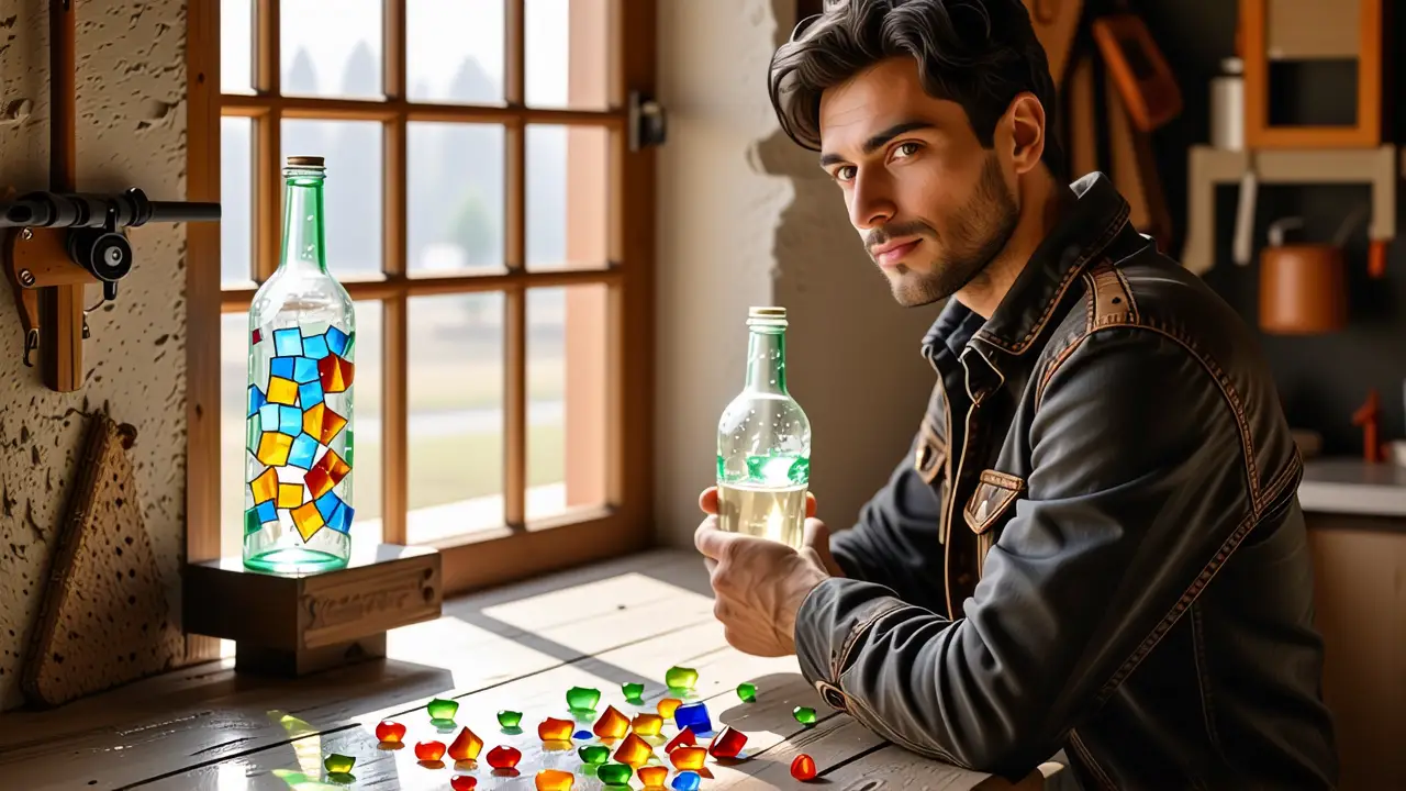 Reciclando Botellas: Ideas Creativas y Reciclaje de Vidrio 4 Un hombre pensativo exhibe arte reciclado en un taller cálido