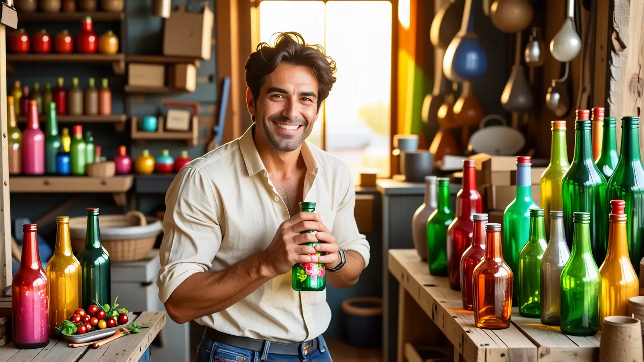 Reciclando Botellas: Ideas Creativas y Reciclaje de Vidrio 2 Un hombre amable ofrece una botella decorada