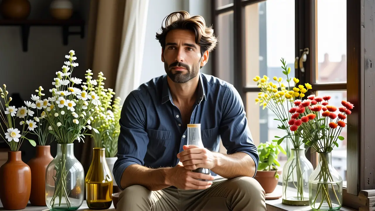 Reciclando Botellas: Ideas Creativas y Reciclaje de Vidrio 3 Un hombre pensativo sostiene flores en vidrio reciclado