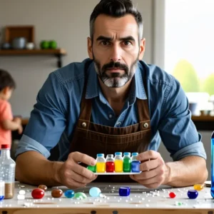 Un hombre pensativo crea arte sostenible