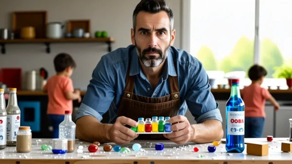 Un hombre pensativo crea arte sostenible