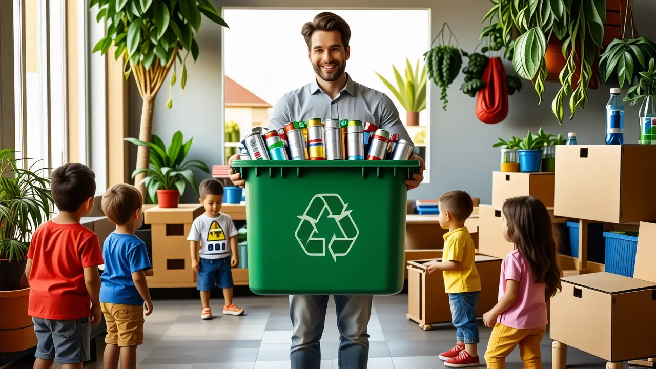 Un hombre sonriente recicla con alegría