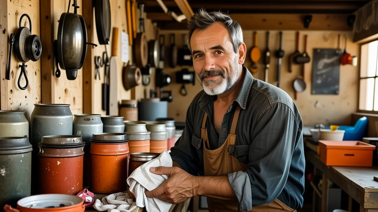 Un hombre español realista limpia diligentemente su taller