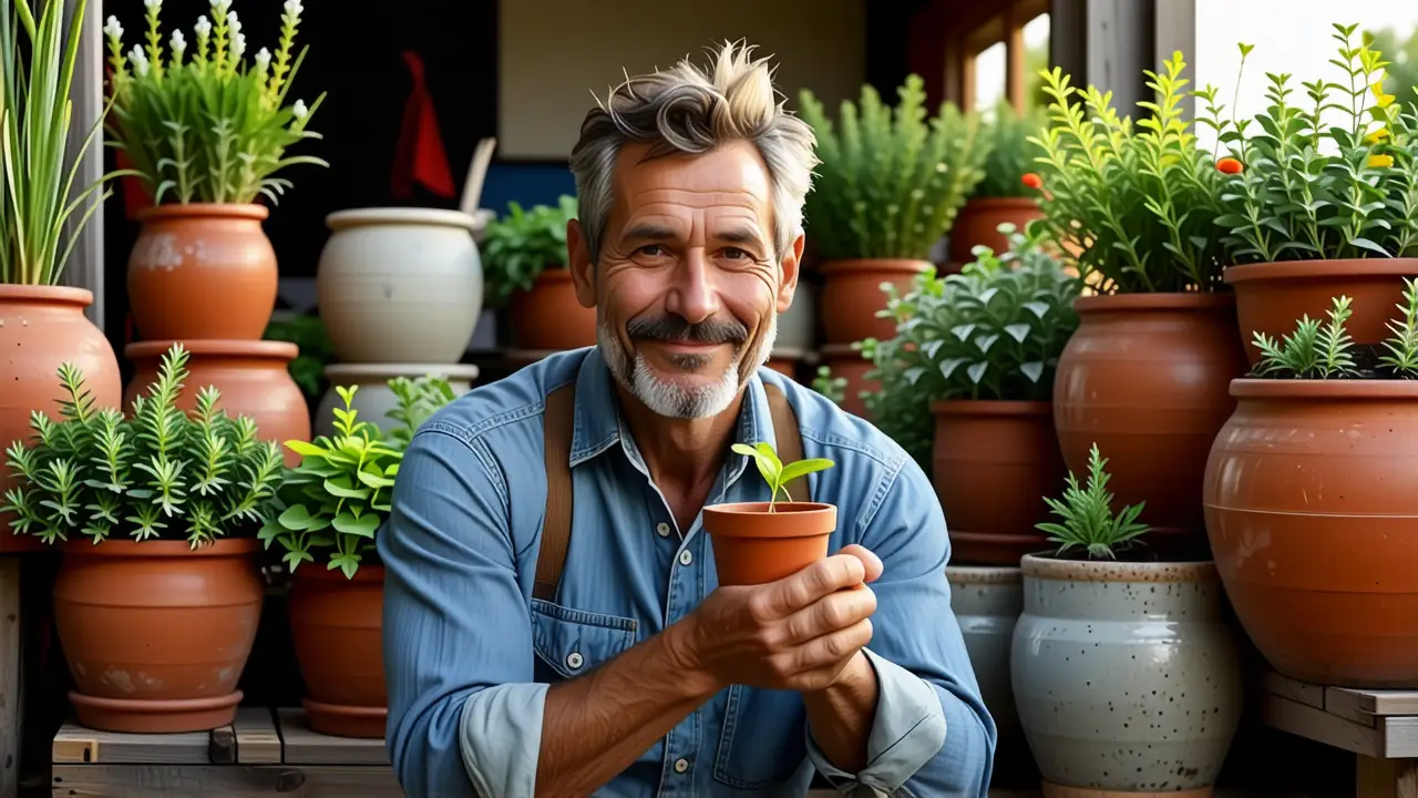 Macetas Reciclaje: Guía Creativa y Fácil 3 Un hombre pensativo sostiene una planta en jardín