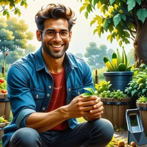 Un hombre sonríe en un jardín exuberante