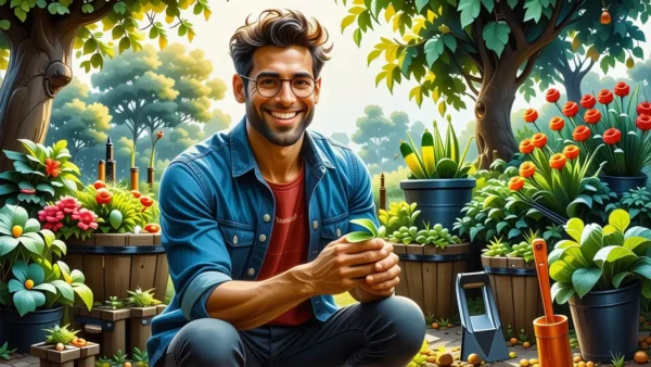 Un hombre sonríe en un jardín exuberante