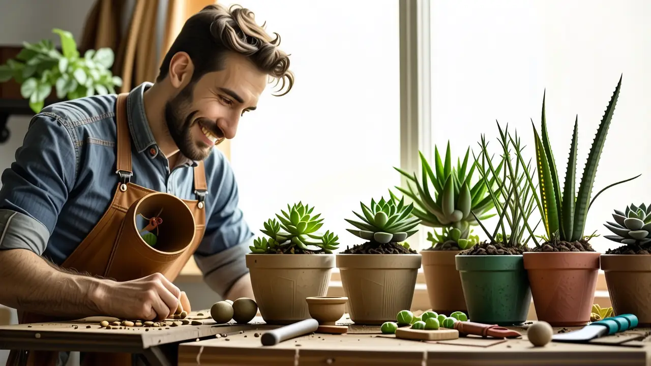 Macetas Reciclaje: Guía Creativa y Fácil 2 Un hombre sonríe con plantas en la naturaleza