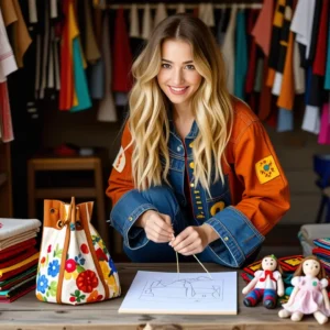 Una joven borda en un taller colorido y acogedor