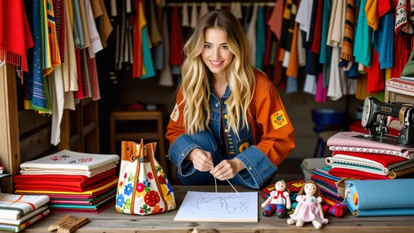 Una joven borda en un taller colorido y acogedor