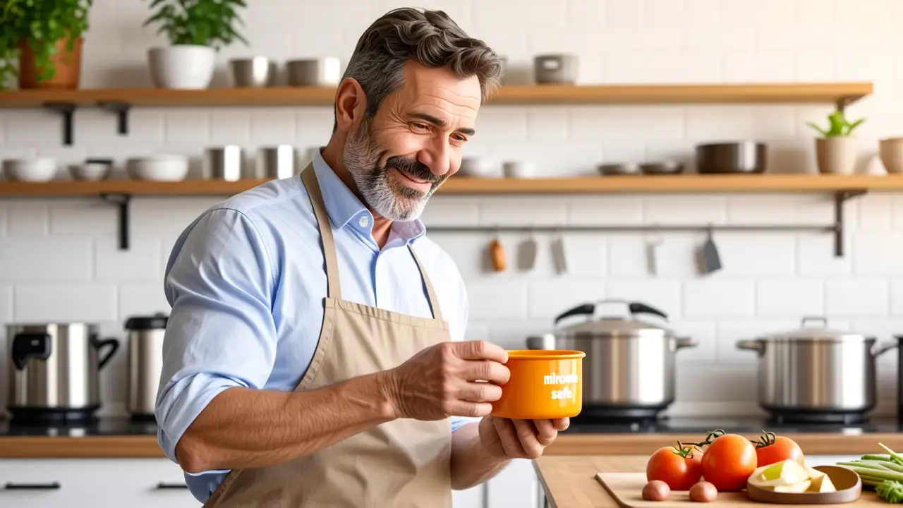 Un hombre examinando un contenedor en cocina moderna