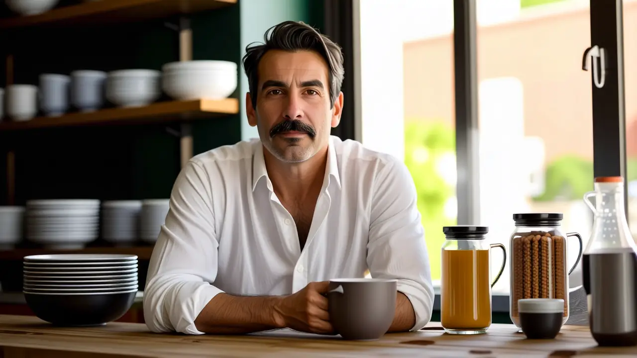 Hombre pensativo con taza en cocina cálida