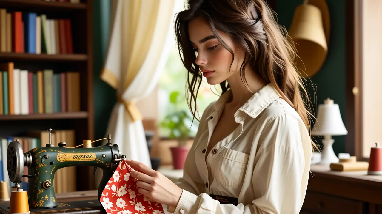 Una mujer elegante examina tela vintage suavemente