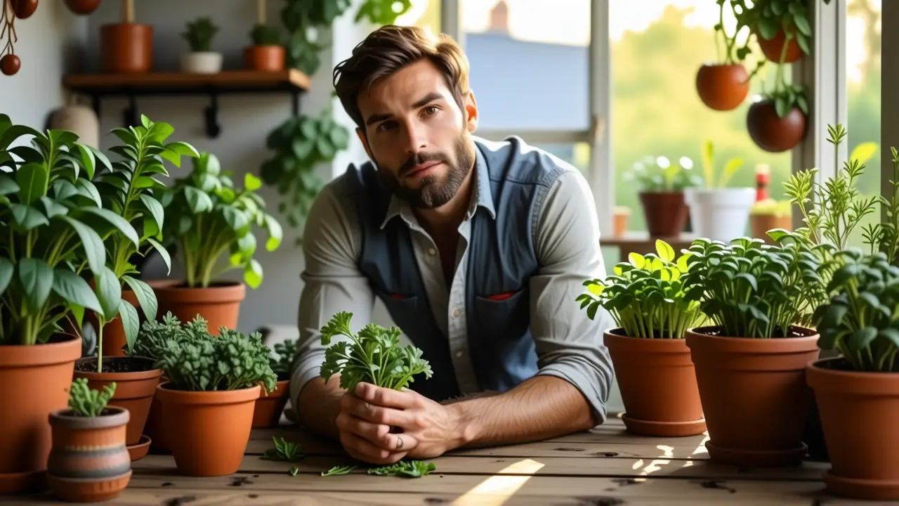 Un hombre pensativo sostiene hierbas en luz cálida