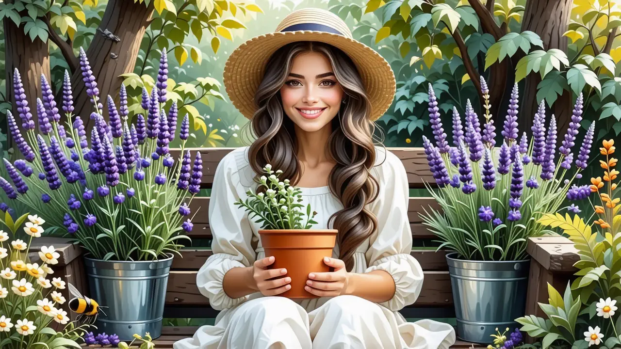 Mujer tranquila con hierbas en la luz