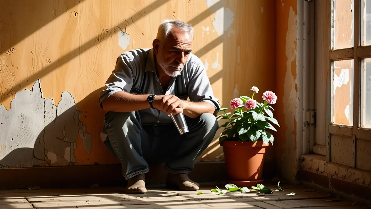 Un hombre amable regando una planta en calma