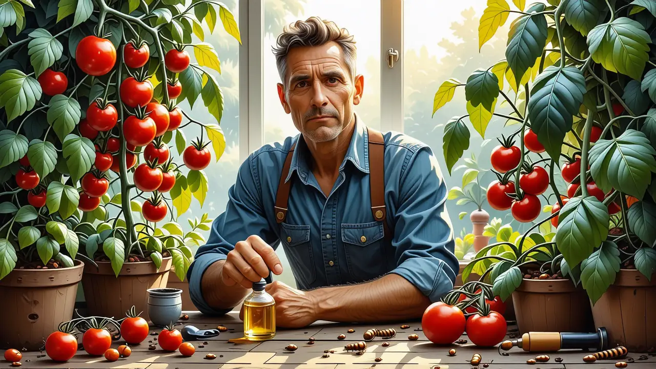 Un hombre pensativo examina plantas dañadas en la luz cálida