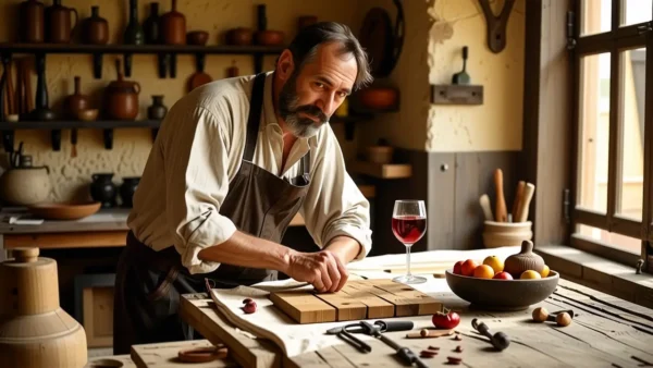 Un hombre en su cincuentena talla madera con calma