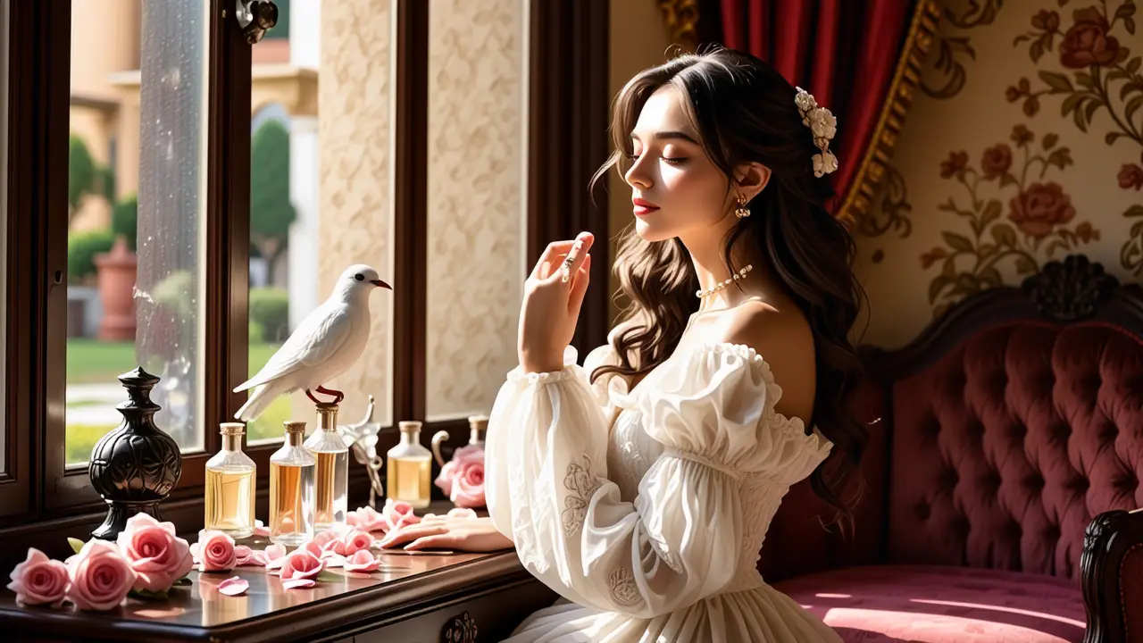 Una mujer española elegante inhala perfume en un boudoir romántico