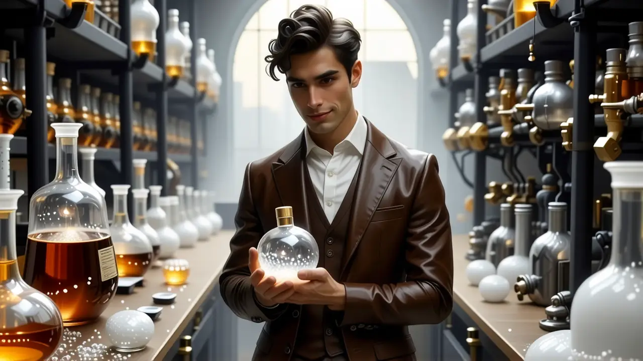 Un hombre elegante sostiene una perla iridiscente en laboratorio