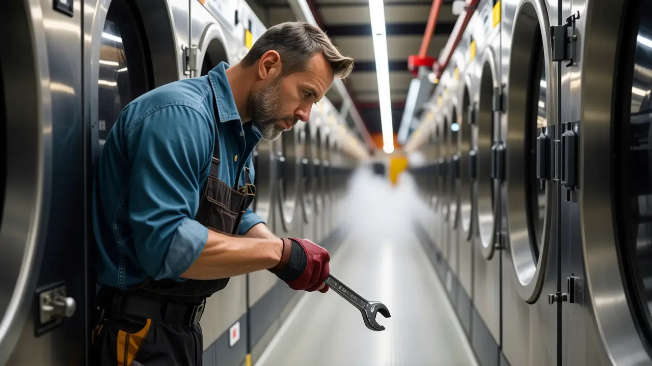 Tipos Secadora Industrial: Temperatura y Más | 3 Un hombre examina un lavadero industrial con detalle