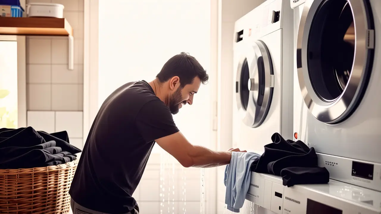 Un hombre pensativo en una lavandería cotidiana