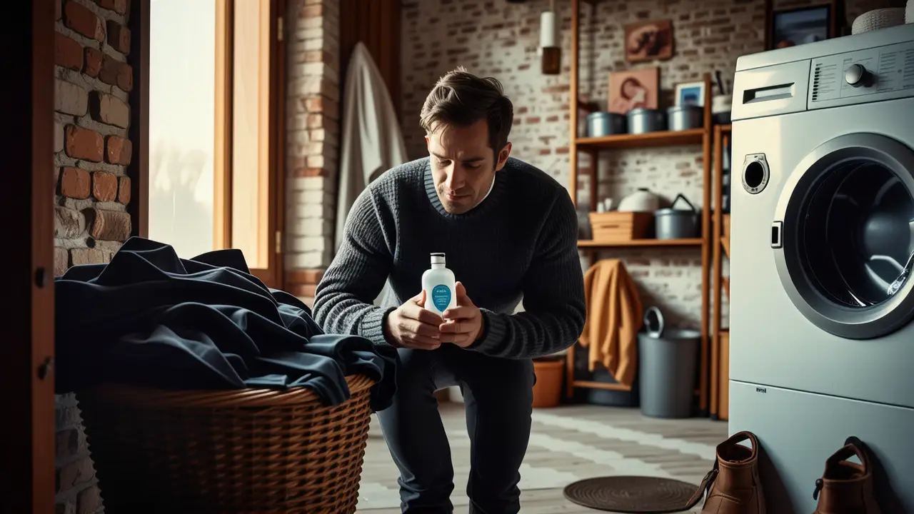 Un hombre melancólico examina detergente en una lavandería vintage