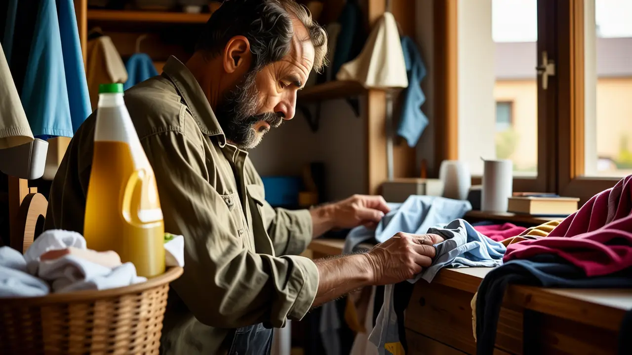 Un hombre contemplativo examina ropa vintage en casa